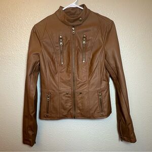 EUC: Lulus Faux Leather Cropped Moto‎ Jacket Bomber Women's Size S Color Camel